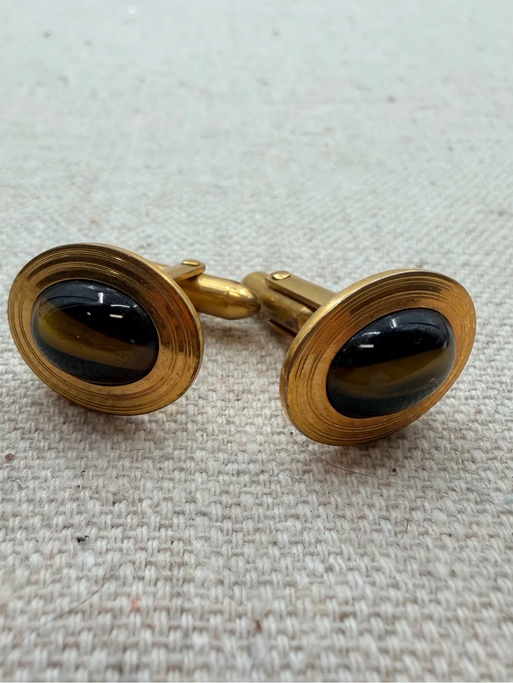 Gold-Tone Cufflinks with Black and Brown Oval Inset